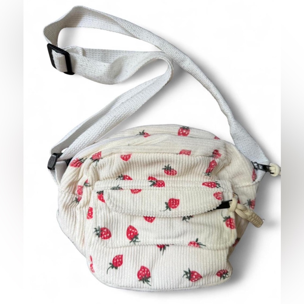 STRAWBERRY corduroy crossbody waist bag. Cute braided zipper pulls.